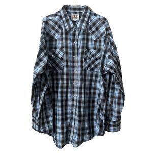 Ely Cattleman Blue‎ Metallic Plaid Men's Long Sleeve Pearl Snap Size XXL RN14119